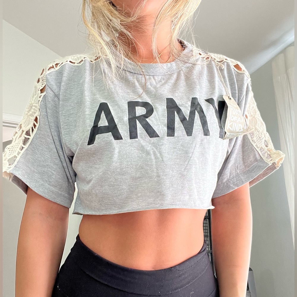 First of A kind- Vintage “ARMY” cropped T-shirt with lace accent